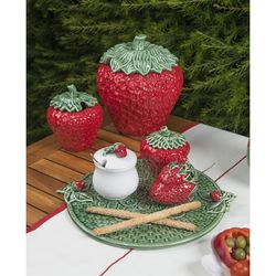 Einzelne Terrine aus Steingut in Rot und Grün, Ø 11,5 x 13,5 cm | Erdbeeren