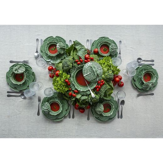 24-piece earthenware dinnerware set in green | Cabbage soup bowl