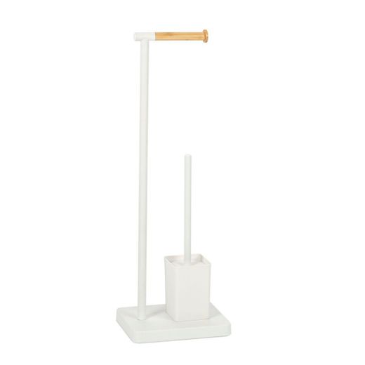 Soporte para papel y escobilla de baño de metal y bambú en blanco, 23 x 18 x 69,5 cm | Metal
