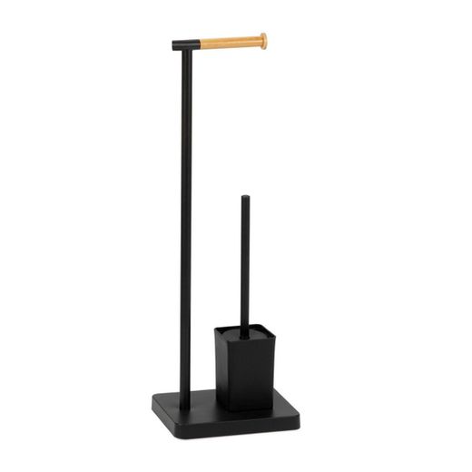 Soporte para papel y escobilla de baño de metal y bambú en negro y marrón, 23 x 18 x 69,5 cm | Metal