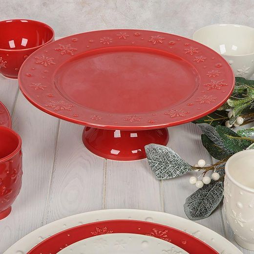 Ceramiczny stojak na ciasto w kolorze czerwonym, Ø 33,5 x 12,3 cm | Płatki śniegu