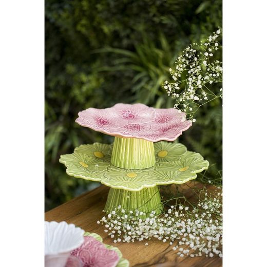 L Cosmos earthenware cake stand in green, 37 x 34.5 x 11 cm | Maria Flor