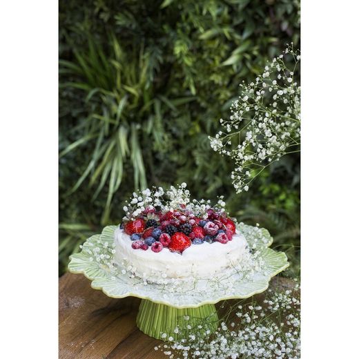 L Cosmos earthenware cake stand in green, 37 x 34.5 x 11 cm | Maria Flor