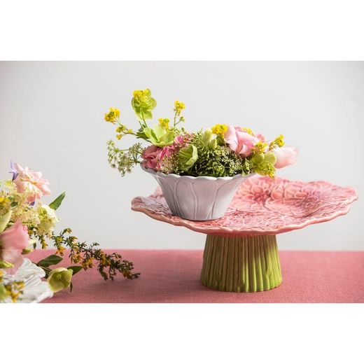 Soporte para tartas S Dalia de loza en rosa y verde, 31 x 28 x 10 cm | María Flor