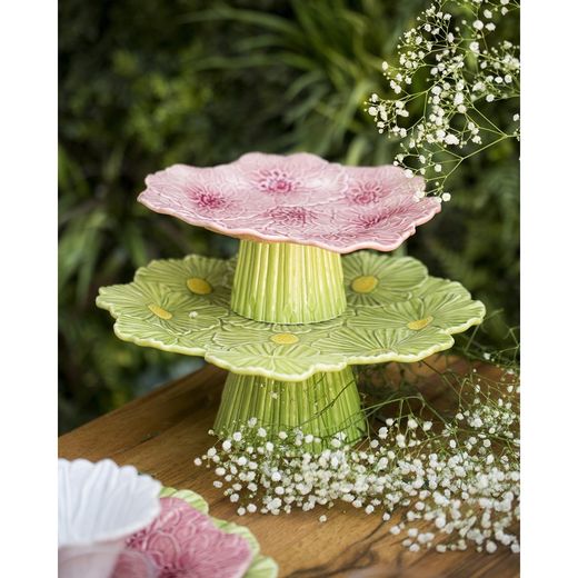 Soporte para tartas S Dalia de loza en rosa y verde, 31 x 28 x 10 cm | María Flor