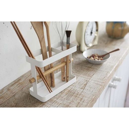 Soporte para utensilios de cocina de acero y madera en blanco y natural, 20 x 7,5 x 14,5 cm | Tosca