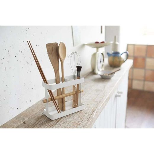 Soporte para utensilios de cocina de acero y madera en blanco y natural, 20 x 7,5 x 14,5 cm | Tosca