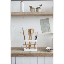 Soporte para utensilios de cocina de acero y madera en blanco y natural, 20 x 7,5 x 14,5 cm | Tosca