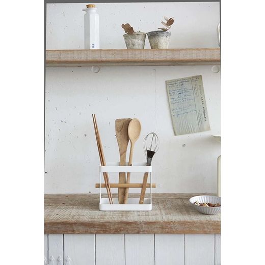 Soporte para utensilios de cocina de acero y madera en blanco y natural, 20 x 7,5 x 14,5 cm | Tosca