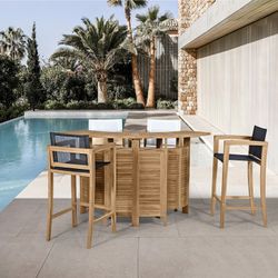 Sgabello alto da giardino in legno di teak e Batyline in naturale e bianco, 55 x 57 x 112 cm | Candon