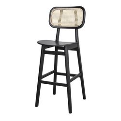 Banco alto em madeira de olmo e vime preto, 52x48x113 cm