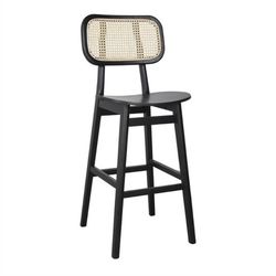 Banco alto em madeira de olmo e vime preto, 52x48x113 cm