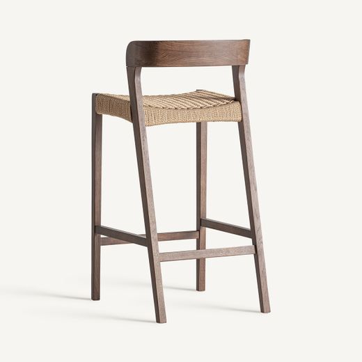 Taburete alto de madera de roble y fibra natural en marrón, 45 x 53 x 96 cm | Flaeh