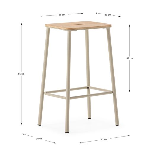 Wysoki stołek z drewna i metalu w kolorze beżowym, 30 x 42 x 65 cm | Abba