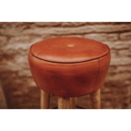 High brown leather and steel stool, Ø 40 x 75 cm | colt