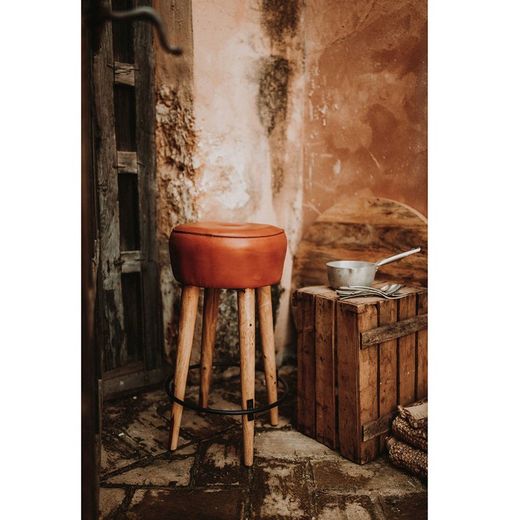 High brown leather and steel stool, Ø 40 x 75 cm | colt