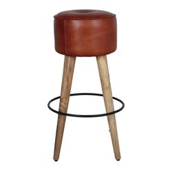 High brown leather and steel stool, Ø 40 x 75 cm | colt