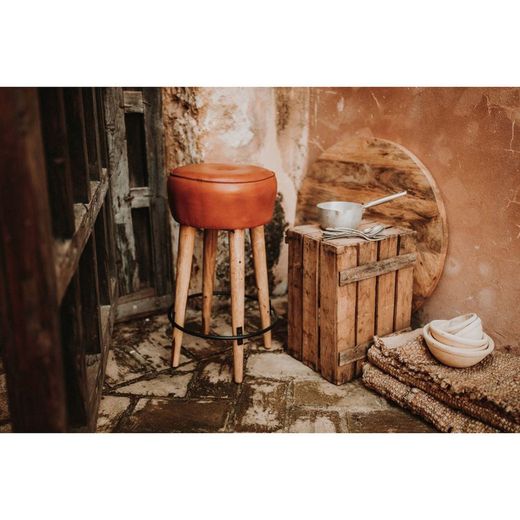 High brown leather and steel stool, Ø 40 x 75 cm | colt