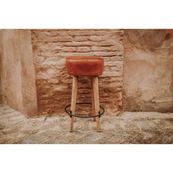 High brown leather and steel stool, Ø 40 x 75 cm | colt