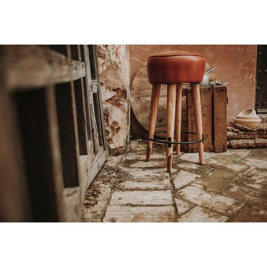 High brown leather and steel stool, Ø 40 x 75 cm | colt