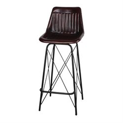 Sgabello alto in pelle marrone e nera e acciaio, 46 x 58 x 110 cm | Warren