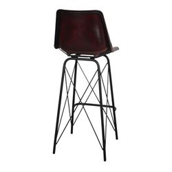 Sgabello alto in pelle marrone e nera e acciaio, 46 x 58 x 110 cm | Warren