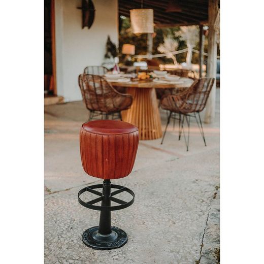 High stool in brown and black leather and steel, Ø 32 x 77 cm | Grant