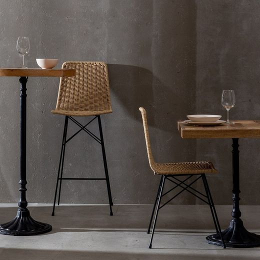 High natural and black synthetic rattan and metal stool, 45 x 41 x 113 cm