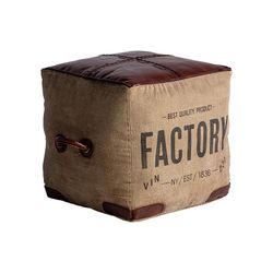 Canvas and leather stool in brown and burgundy, 50 x 50 x 42 cm | Liverpool