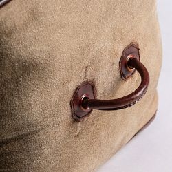 Canvas and leather stool in brown and burgundy, 50 x 50 x 42 cm | Liverpool