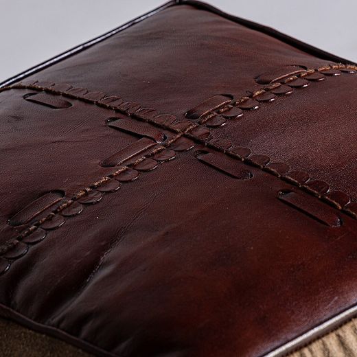 Canvas and leather stool in brown and burgundy, 50 x 50 x 42 cm | Liverpool