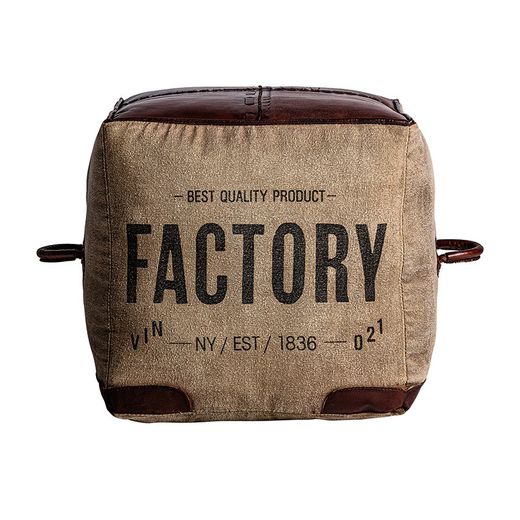 Canvas and leather stool in brown and burgundy, 50 x 50 x 42 cm | Liverpool