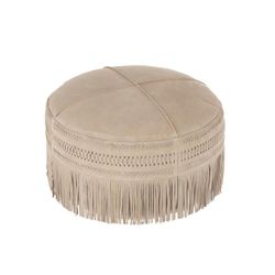 Sgabello Rotondo Con Frange In Pelle Grigio Chiaro