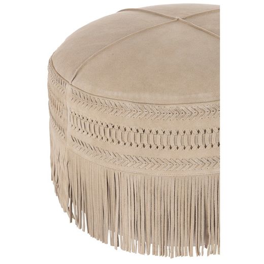 Round Fringed Stool Light Gray Leather
