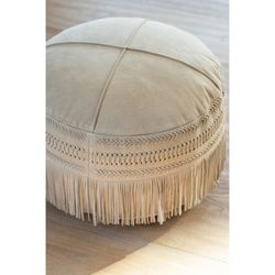 Sgabello Rotondo Con Frange In Pelle Grigio Chiaro
