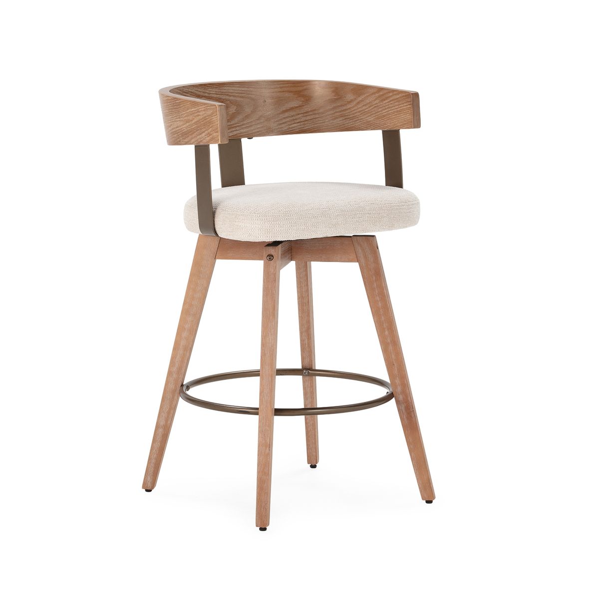 Taburete giratorio de tejido y madera en beige y color roble lavado, 50,5 x 51 x 88 cm | Ilia