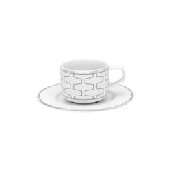 Coffee cup with saucer in white and platinum porcelain, 12.6 x 12.6 x 4.8 cm | Trasso