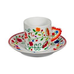 Tasse à café fleurs et feuilles en porcelaine avec soucoupe multicolore, 11,6 x 11,6 x 5,5 cm | Vila Verte