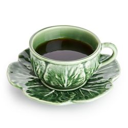 Green earthenware tea cup with saucer, Ø 15.5 x 8 cm | Cabbage