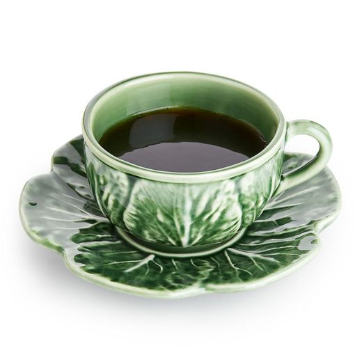 Green earthenware tea cup with saucer, Ø 15.5 x 8 cm | Cabbage