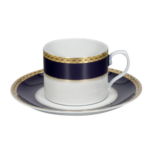 Tasse et soucoupe en porcelaine blanche, bleue et dorée, 14,9 x 14,9 x 6,7 cm | Brest
