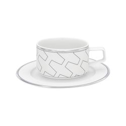 Tea cup with saucer in white and platinum porcelain, 16.1 x 16.1 x 5.9 cm | Trasso