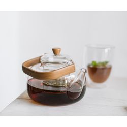Théière en verre Manche en bambou 1L