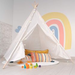 Tipi infantil montessori de madera de paulownia y tela en blanco, 120 x 120 x 150 cm | Koda