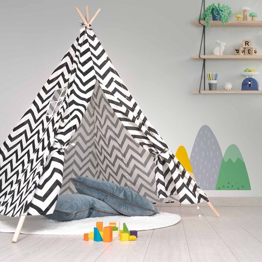 Montessori-style children's teepee made of paulownia wood and black and white fabric, 120x120x150 cm | koda