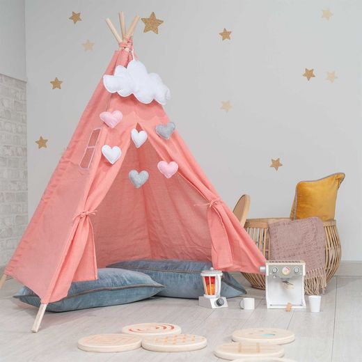 Teepee til børn i Montessori-stil af paulownia-træ og pink stof, 80x80x110 cm | Kalpana
