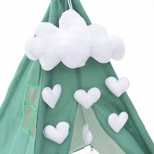 Tipi infantil montessori de madera de paulownia y tela en verde, 80 x 80 x 110 cm | Kalpana
