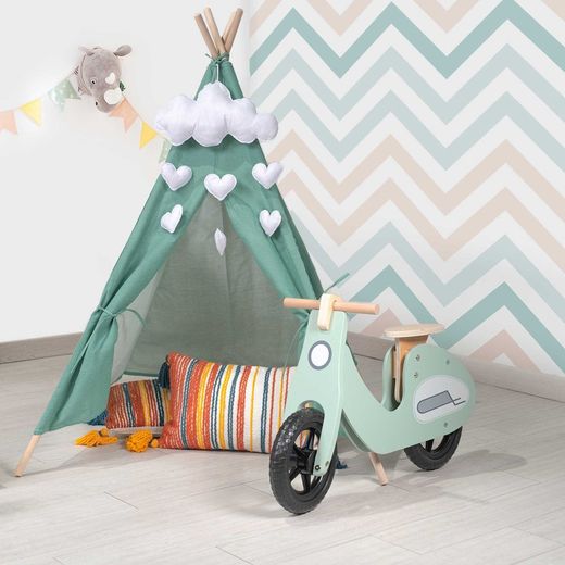 Tipi infantil montessori de madera de paulownia y tela en verde, 80 x 80 x 110 cm | Kalpana