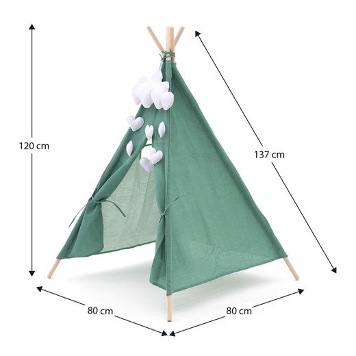 Tipi infantil montessori de madera de paulownia y tela en verde, 80 x 80 x 110 cm | Kalpana