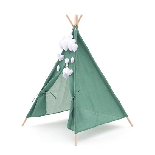 Tipi infantil montessori de madera de paulownia y tela en verde, 80 x 80 x 110 cm | Kalpana